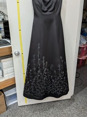 Basix Il Black Embroidered Satin A-Line Evening Dress.